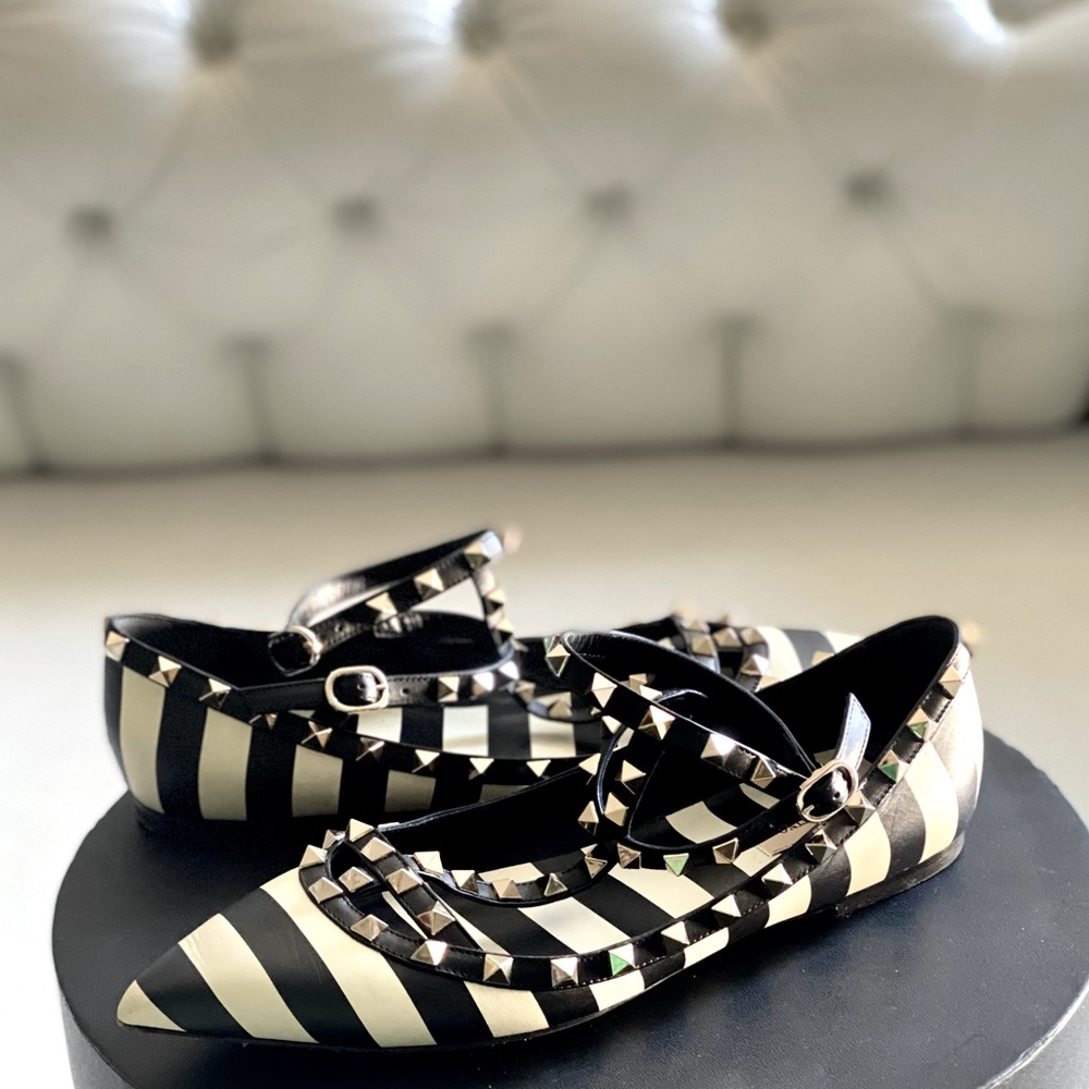 Valentino Rockstud Striped Pointed Toe Flats